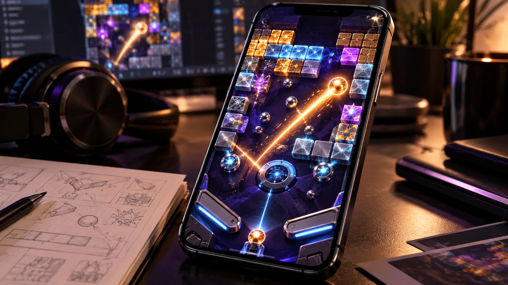 Premium wizualizacja mobilnej rozgrywki brick breaker z fizyką
